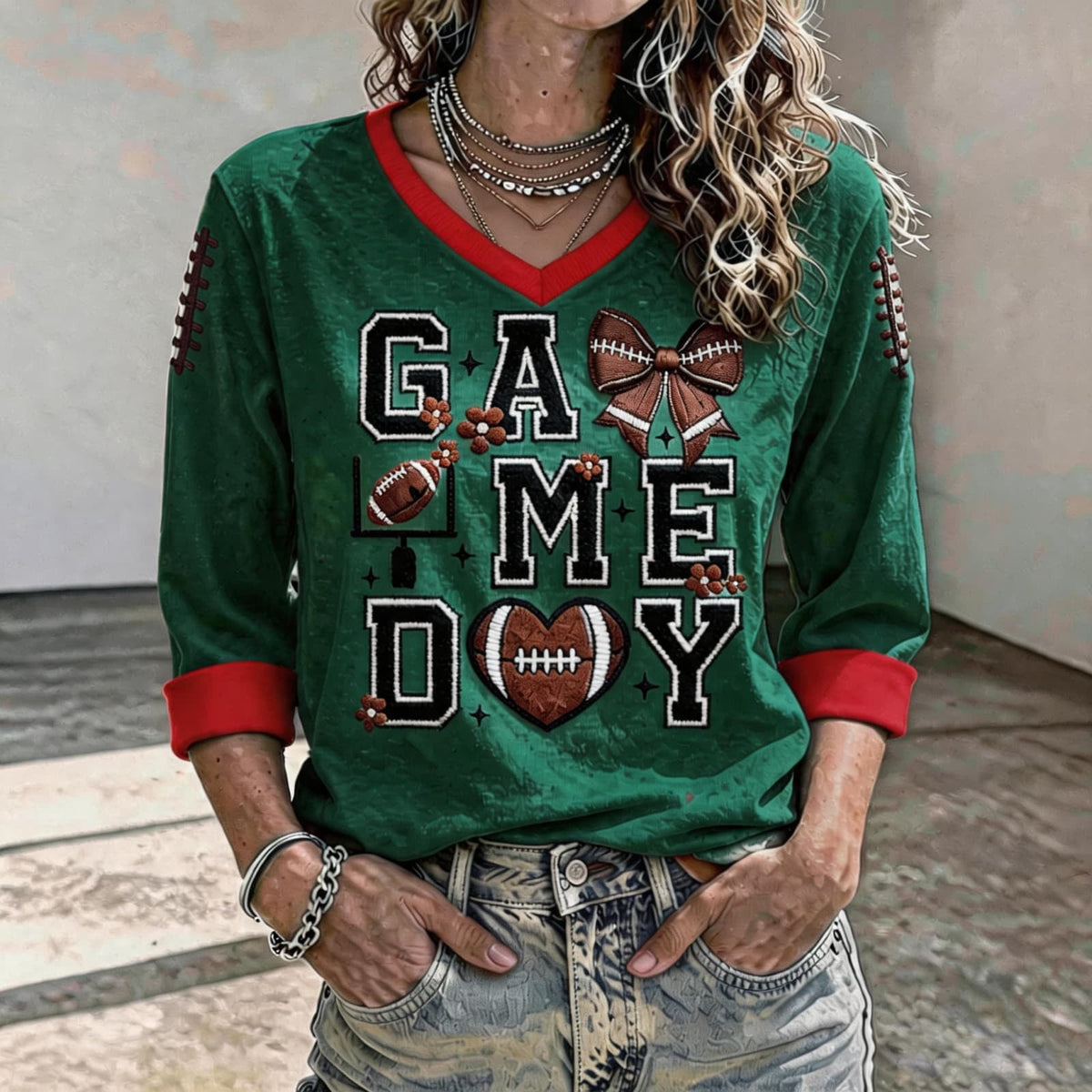 Football 3/4 Sleeve Shirts for Women Gameday Shirt Game Day Jersey V Neck