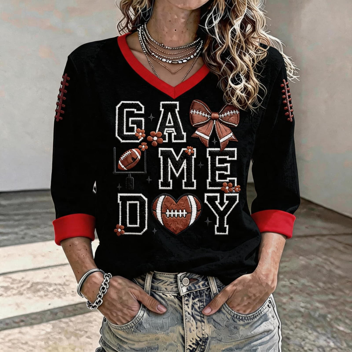 Football 3/4 Sleeve Shirts for Women Gameday Shirt Game Day Jersey V Neck