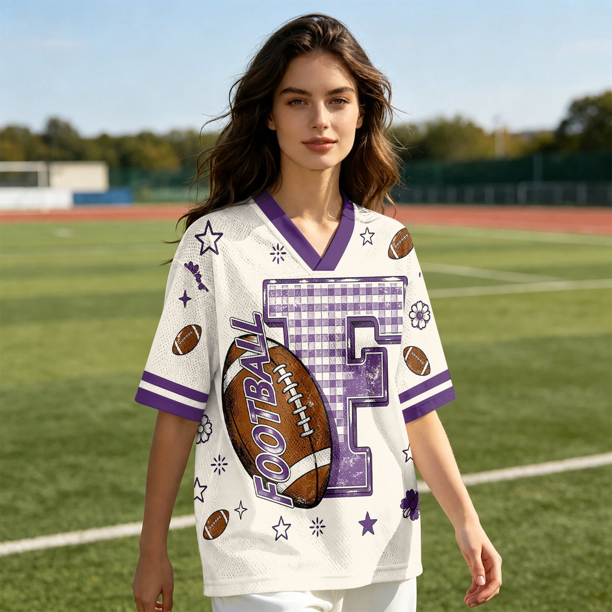 Football Shirts for Women Short Sleeve V Neck Vintage Game Day Graphic Sports Mesh Jersey Purple M
