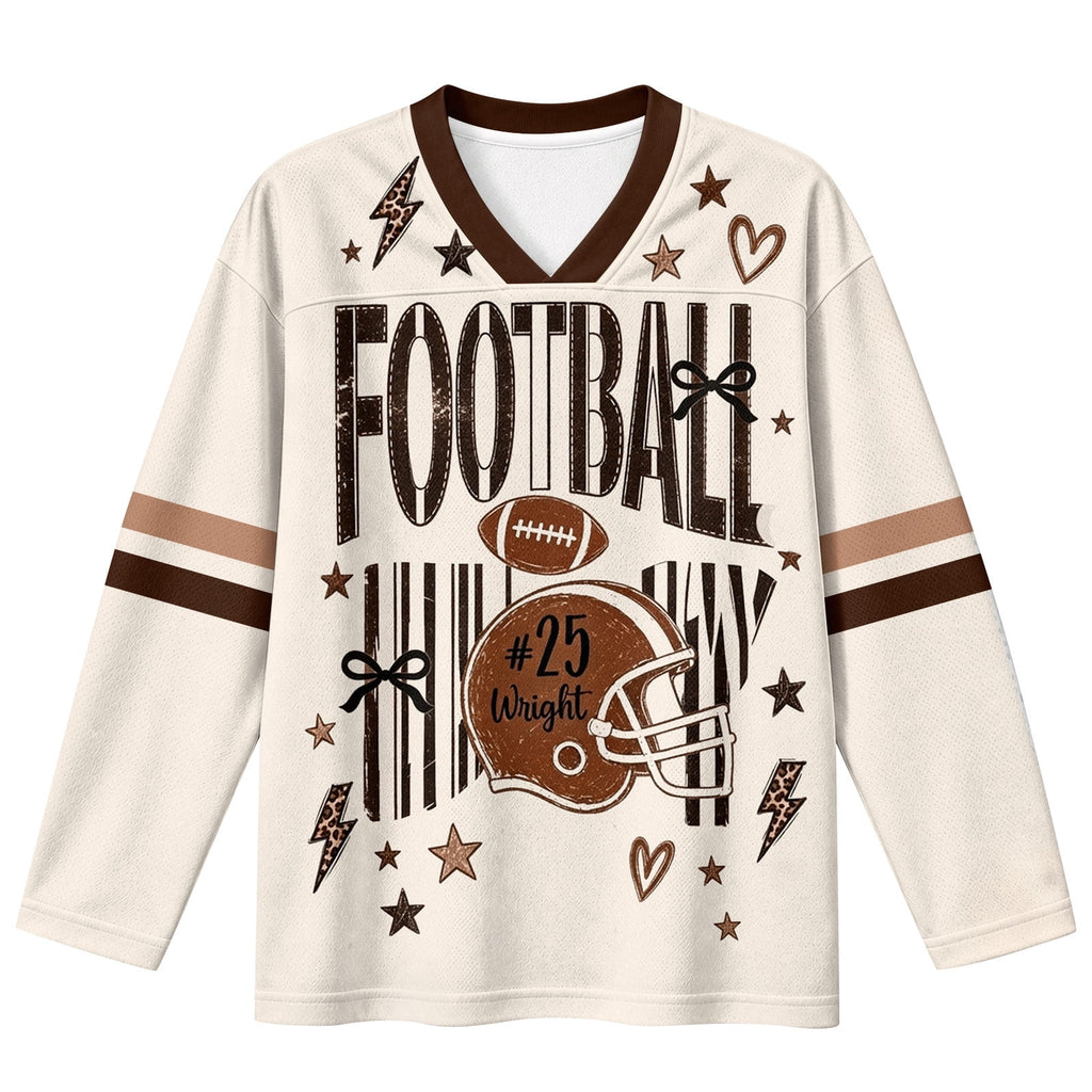 Football Shirts for Women Long Sleeve V Neck Vintage Game Day Graphic Sports Mesh Jersey Beige XL