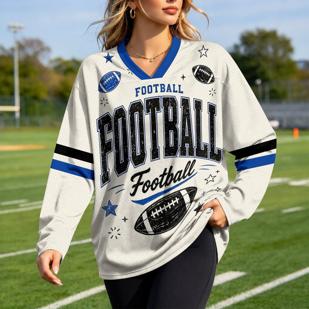 Football Shirts for Women Long Sleeve V Neck Vintage Game Day Graphic Sports Mesh Jersey Beige XL