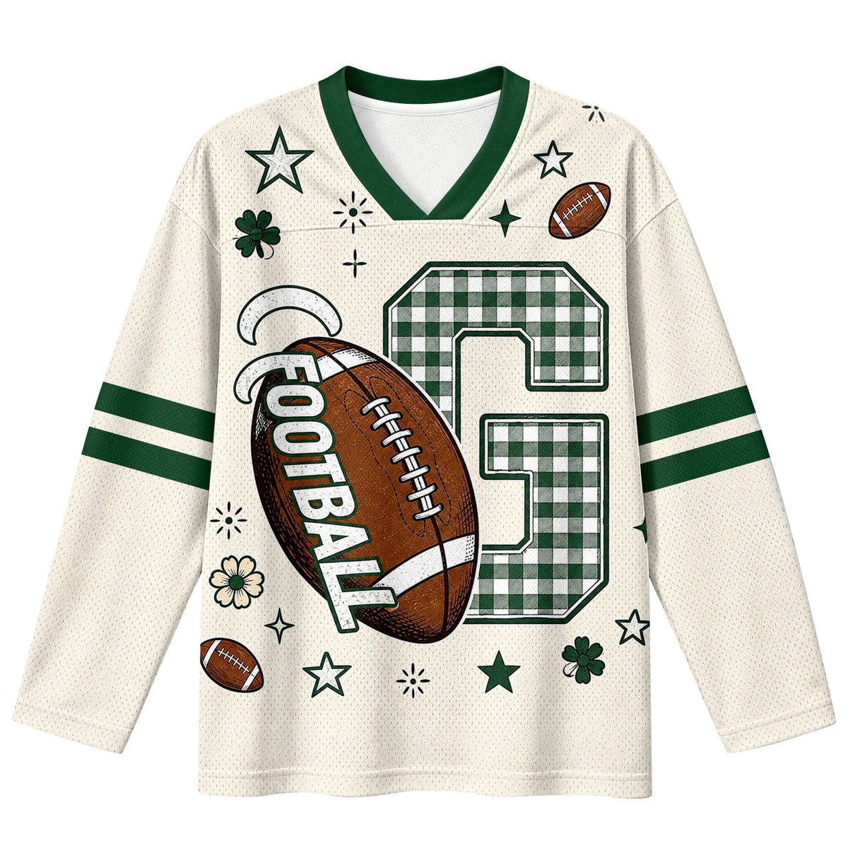 Football Shirts for Women Long Sleeve V Neck Vintage Game Day Graphic Sports Mesh Jersey Beige XL