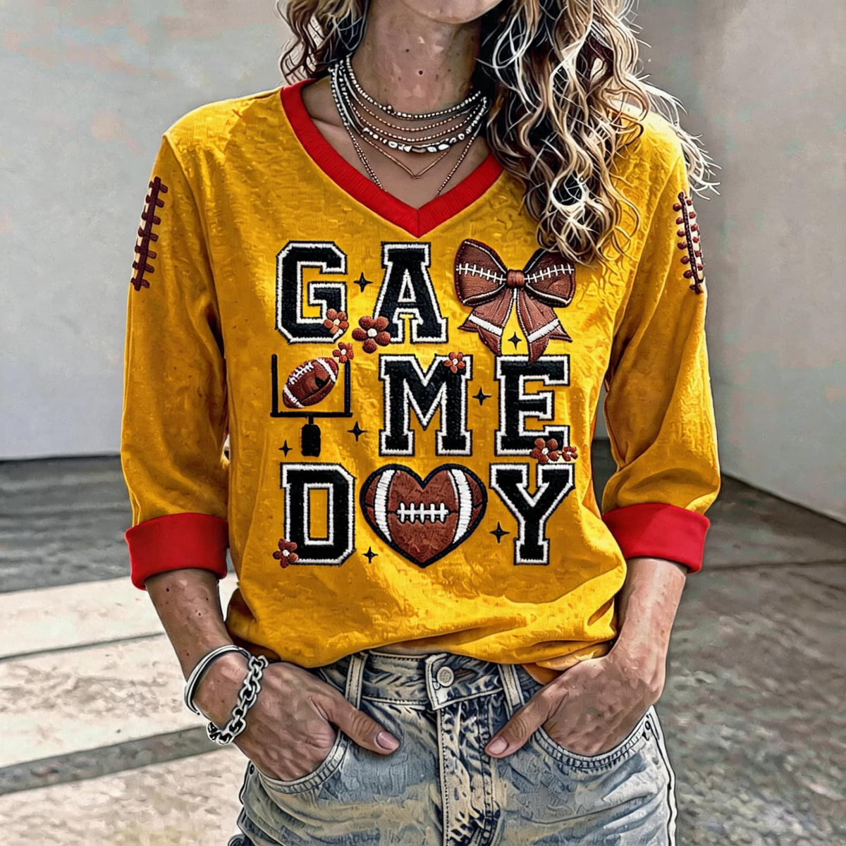 Football 3/4 Sleeve Shirts for Women Gameday Shirt Game Day Jersey V Neck