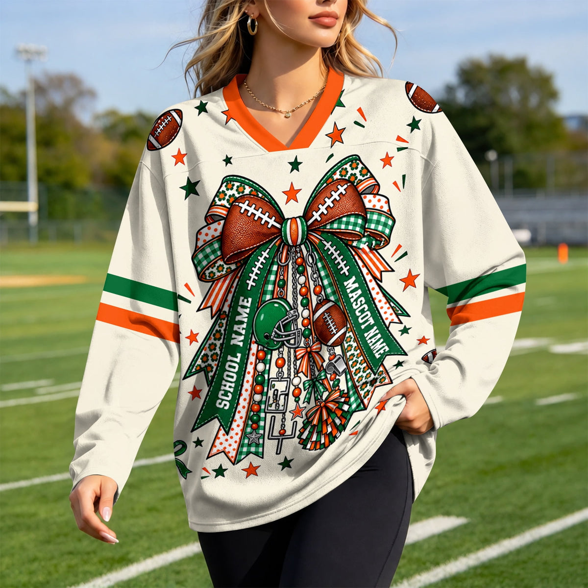 Football Shirts for Women Long Sleeve V Neck Vintage Game Day Graphic Sports Mesh Jersey Beige XL