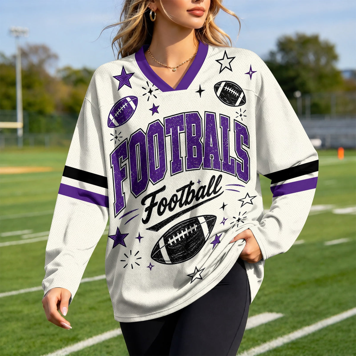 BFRGSIJ Women's Football Game Day Shirts Long Sleeve V Neck Mesh Jersey Vintage Football Graphic Casual Sport Top for Tailgate Party XL