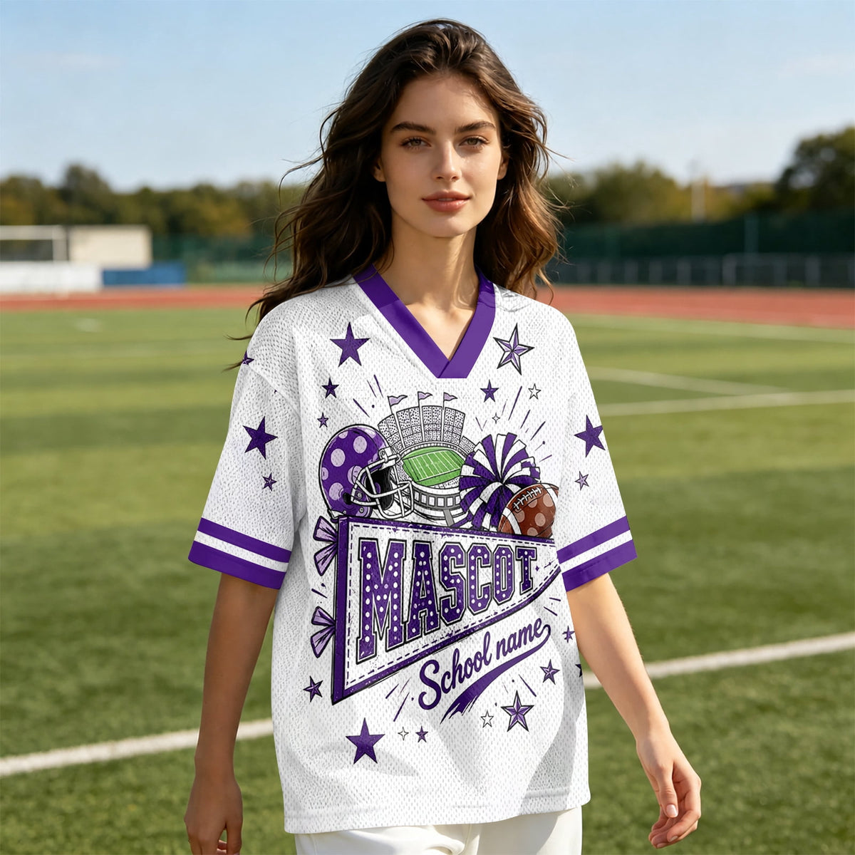 Football Shirts for Women Short Sleeve V Neck Vintage Game Day Graphic Sports Mesh Jersey Purple M