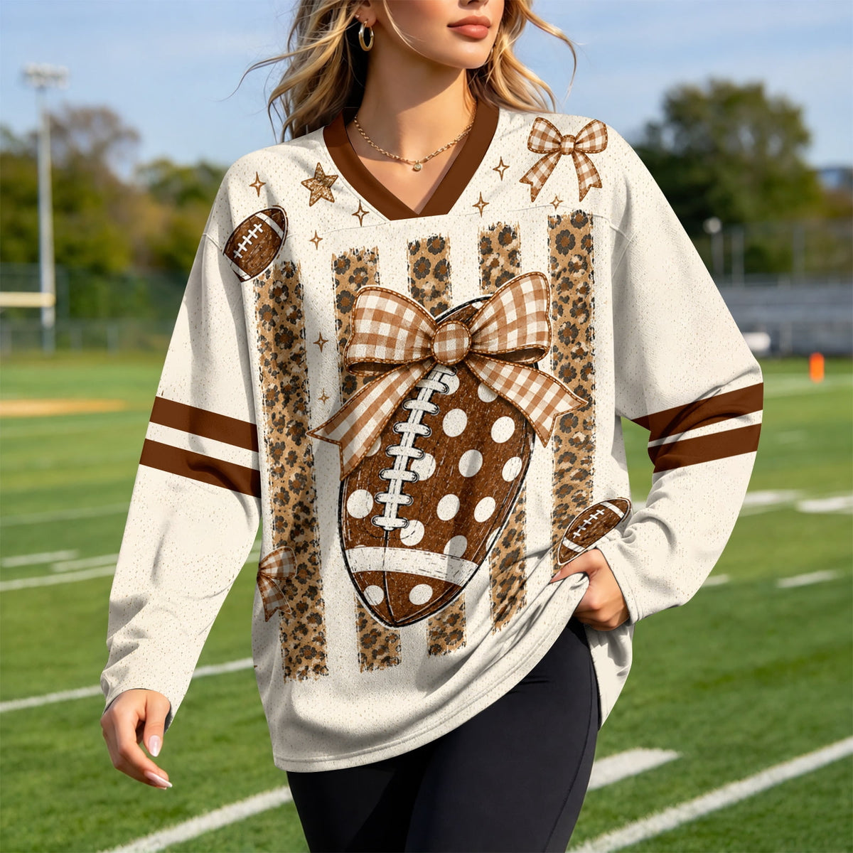 Football Shirts for Women Long Sleeve V Neck Vintage Game Day Graphic Sports Mesh Jersey Beige XL