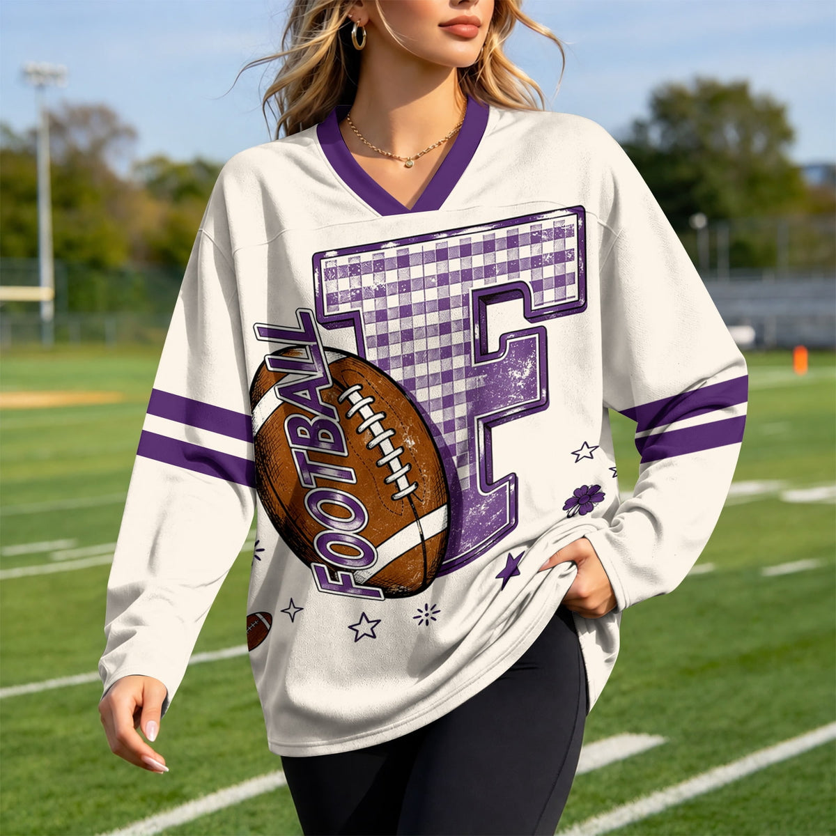Football Shirts for Women Long Sleeve V Neck Vintage Game Day Graphic Sports Mesh Jersey Beige XL
