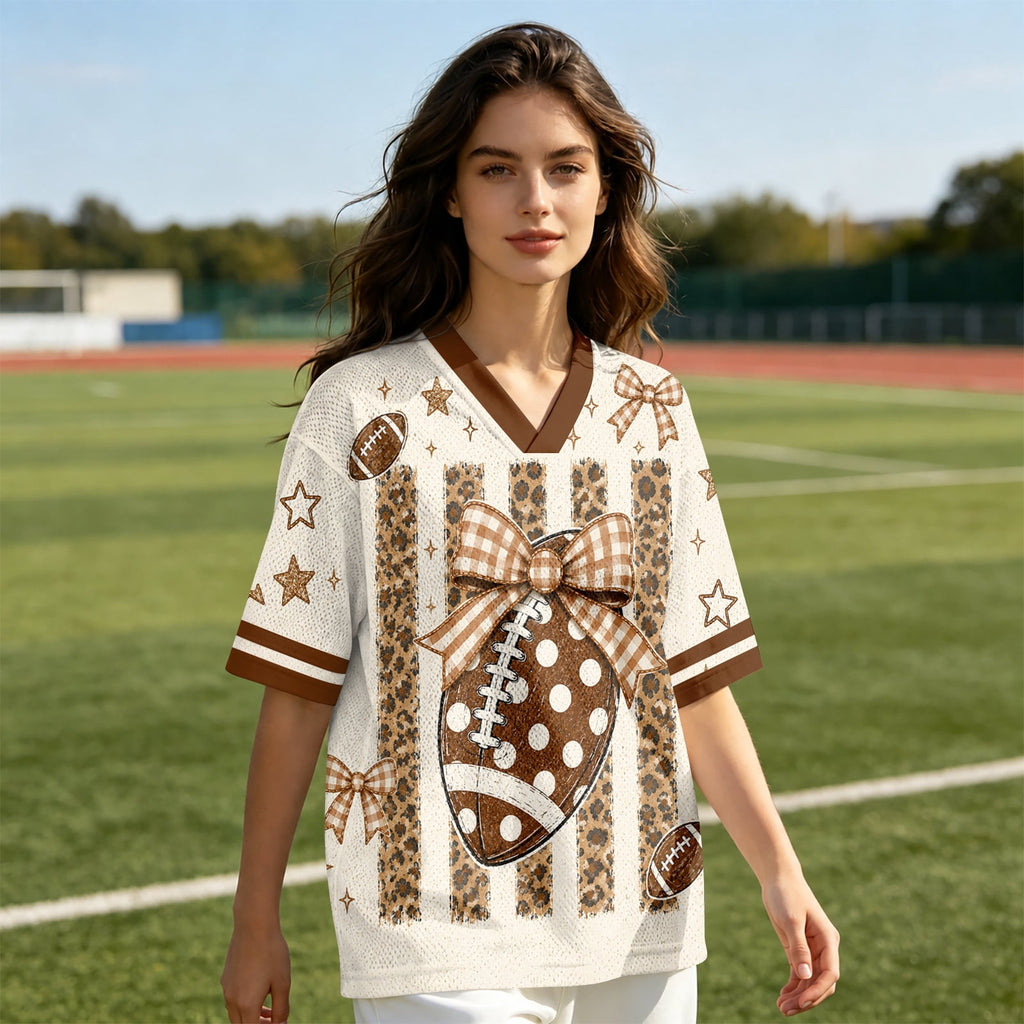 BFRGSIJ Women's Football Game Day Mesh Jersey V Neck Short Sleeve Top Leopard Bow Football Graphic Casual Sport Shirt for Game Day XL