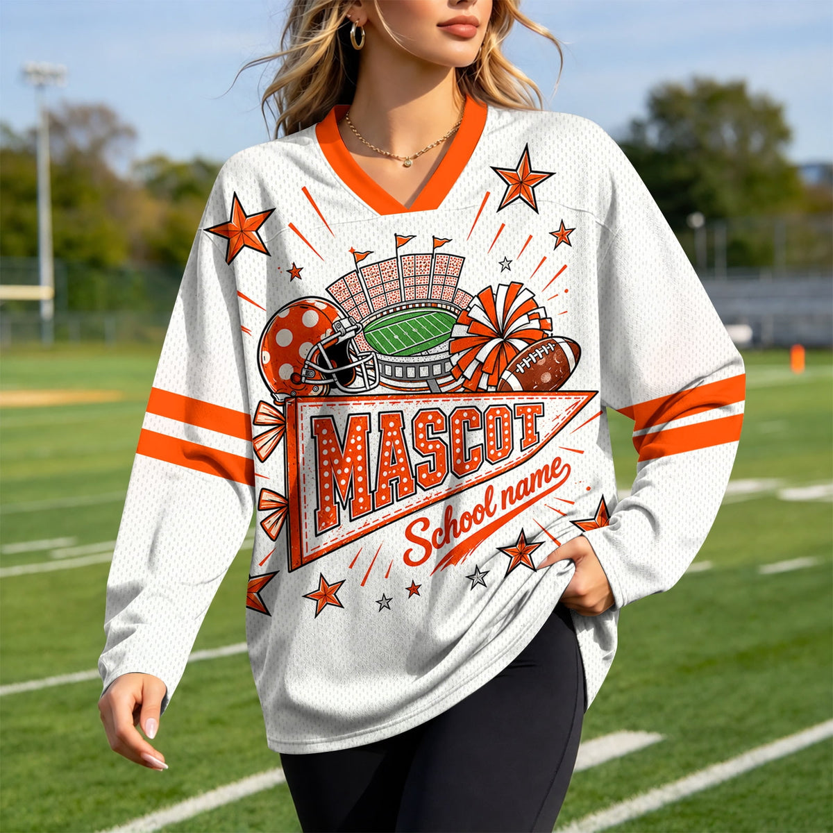 Football Shirts for Women Long Sleeve V Neck Vintage Game Day Graphic Sports Mesh Jersey Beige XL