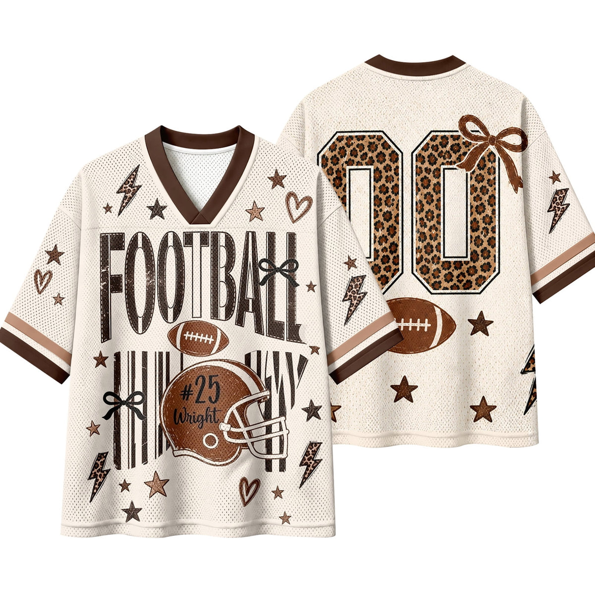 BFRGSIJ Women's Football Game Day Mesh Jersey V Neck Short Sleeve Top Leopard Bow Football Graphic Casual Sport Shirt for Game Day XL