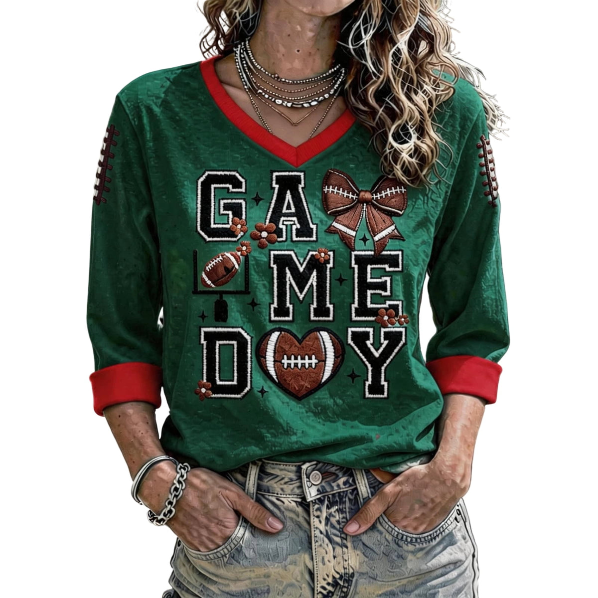 Football 3/4 Sleeve Shirts for Women Gameday Shirt Game Day Jersey V Neck