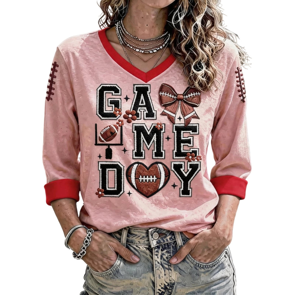 Football 3/4 Sleeve Shirts for Women Gameday Shirt Game Day Jersey V Neck