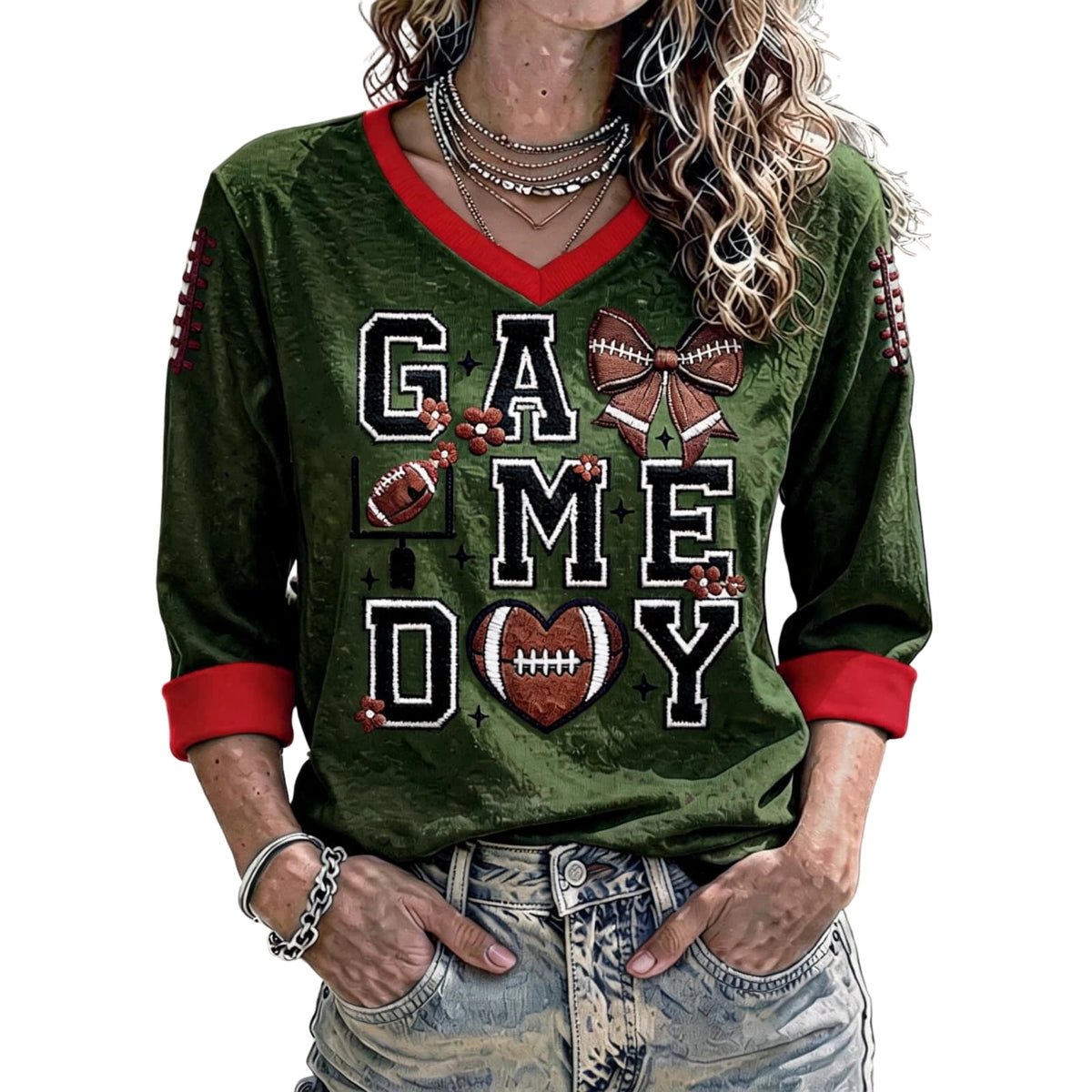 Football 3/4 Sleeve Shirts for Women Gameday Shirt Game Day Jersey V Neck