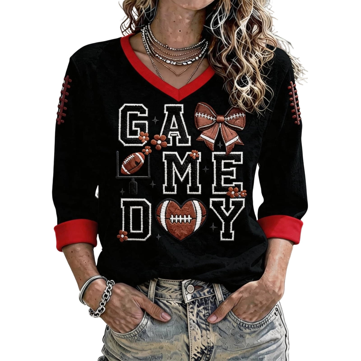 Football 3/4 Sleeve Shirts for Women Gameday Shirt Game Day Jersey V Neck