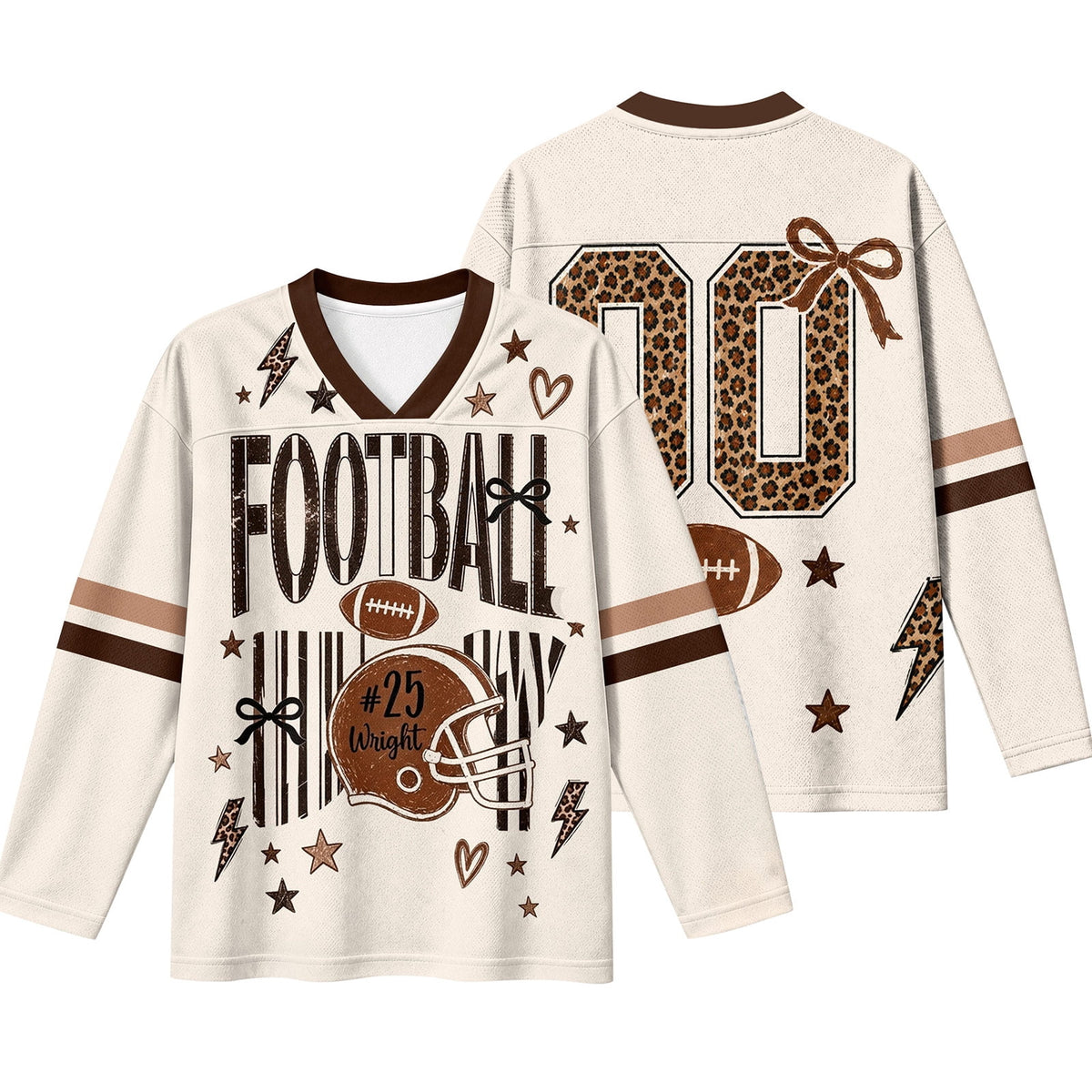 Football Shirts for Women Long Sleeve V Neck Vintage Game Day Graphic Sports Mesh Jersey Beige XL
