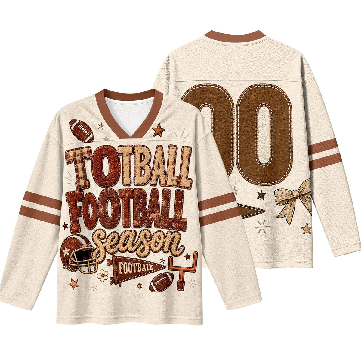 Football Shirts for Women Long Sleeve V Neck Vintage Game Day Graphic Sports Mesh Jersey Beige XL