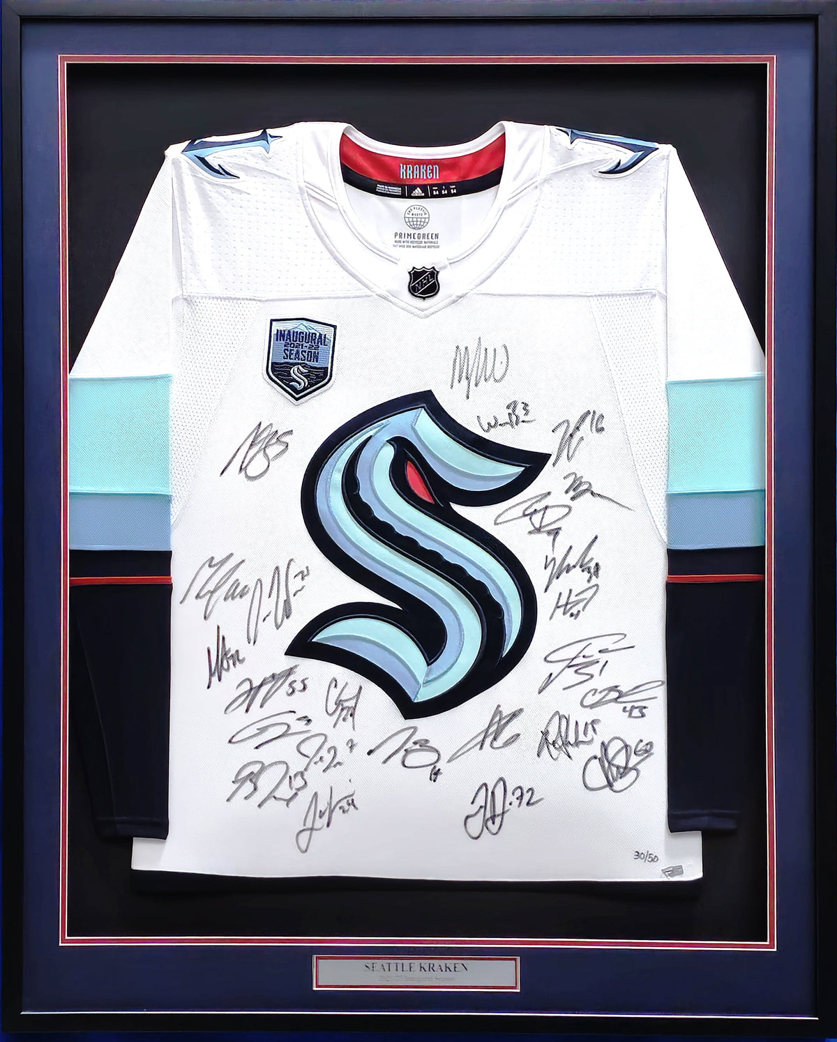 Seattle Kraken 2021-22 Inaugural Season Team Signed Autographed Framed White Adidas Jersey With 24 Signatures Including Jordan Eberle & Jared McCann Fanatics Holo 223780