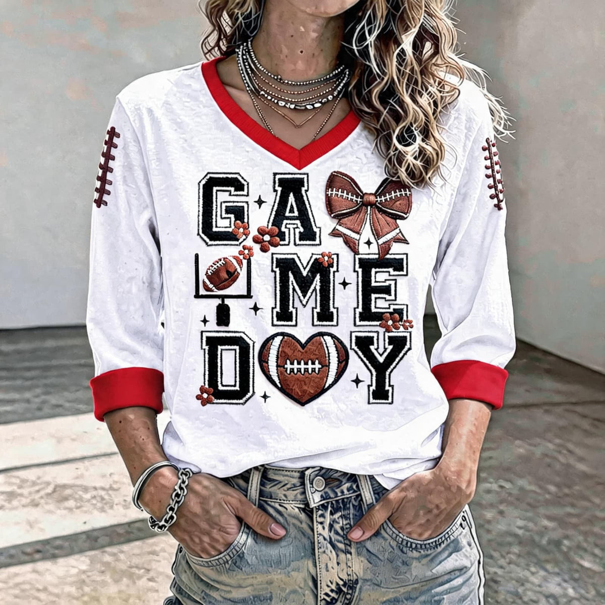 Football 3/4 Sleeve Shirts for Women Gameday Shirt Game Day Jersey V Neck