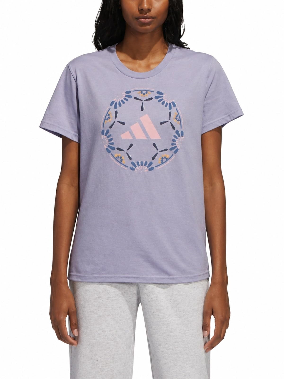 adidas Women's Short Sleeve Cotton Soccer Ball Graphic Tee Shirt (US, Alpha, Large, Regular, Regular, Purple (Vioton))