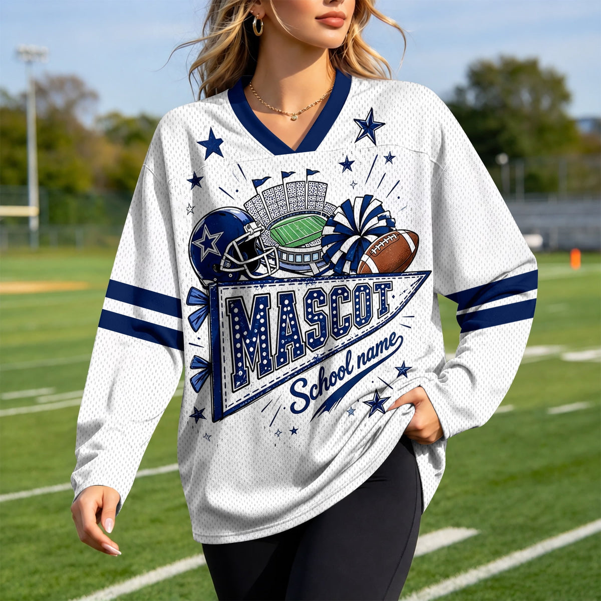 Football Shirts for Women Long Sleeve V Neck Vintage Game Day Graphic Sports Mesh Jersey Beige XL