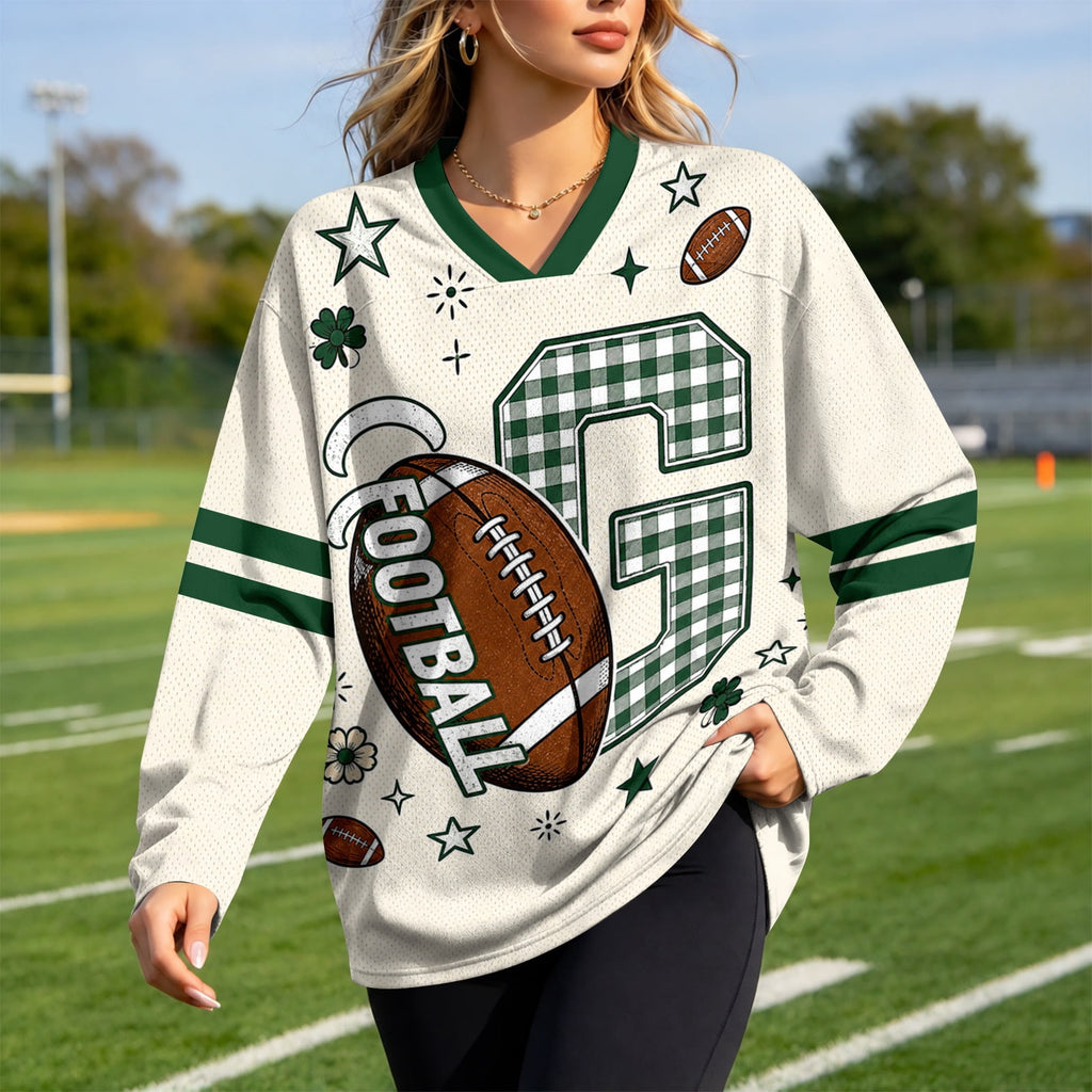 Football Shirts for Women Long Sleeve V Neck Vintage Game Day Graphic Sports Mesh Jersey Beige XL