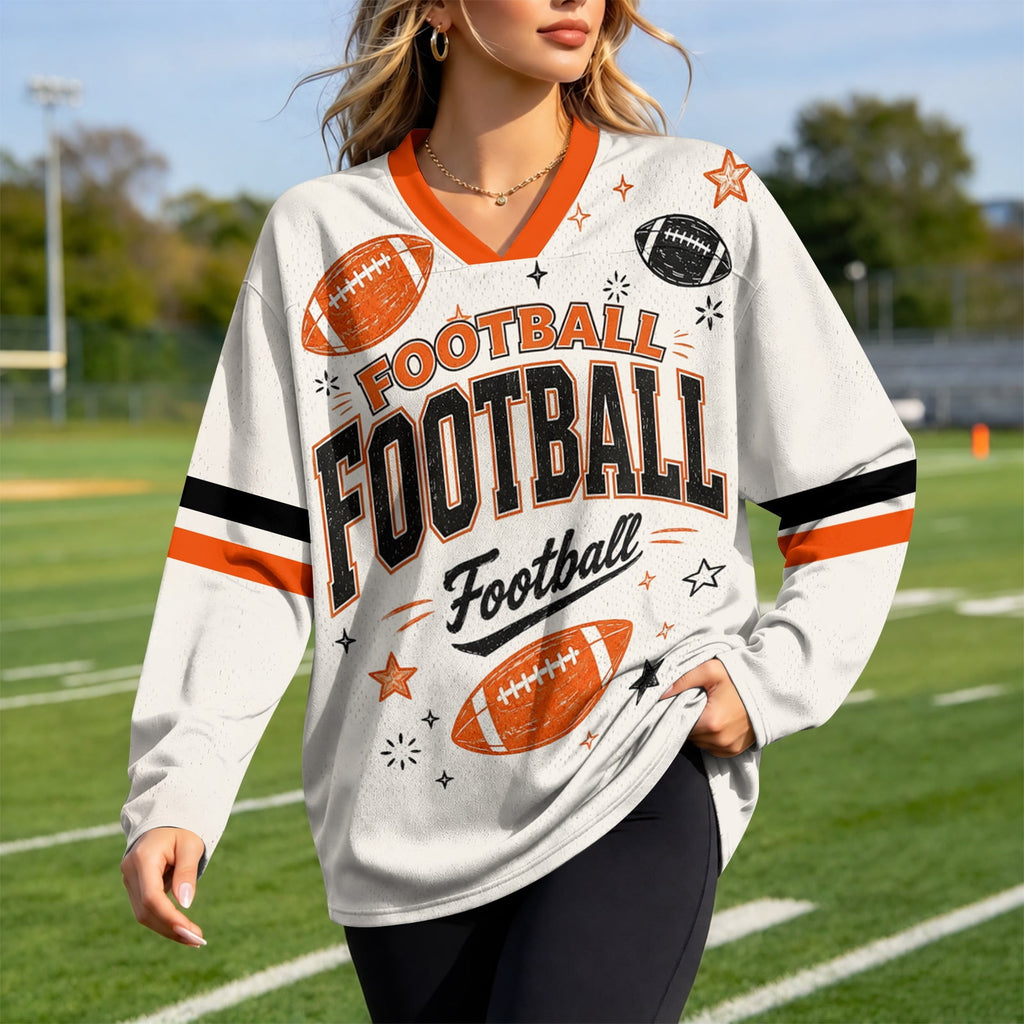Football Shirts for Women Long Sleeve V Neck Vintage Game Day Graphic Sports Mesh Jersey Beige XL
