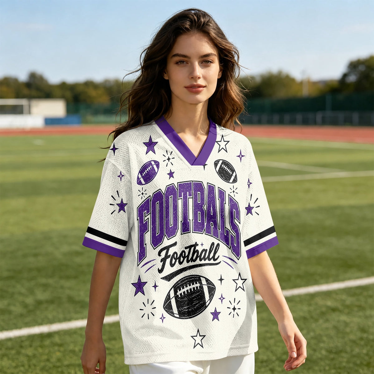 Football Shirts for Women Short Sleeve V Neck Vintage Game Day Graphic Sports Mesh Jersey Purple M