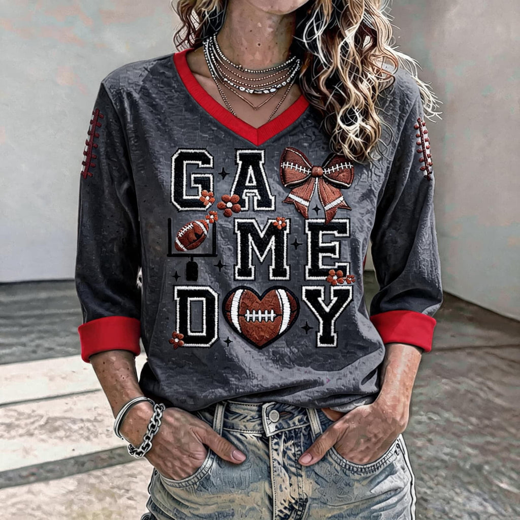 Football 3/4 Sleeve Shirts for Women Gameday Shirt Game Day Jersey V Neck