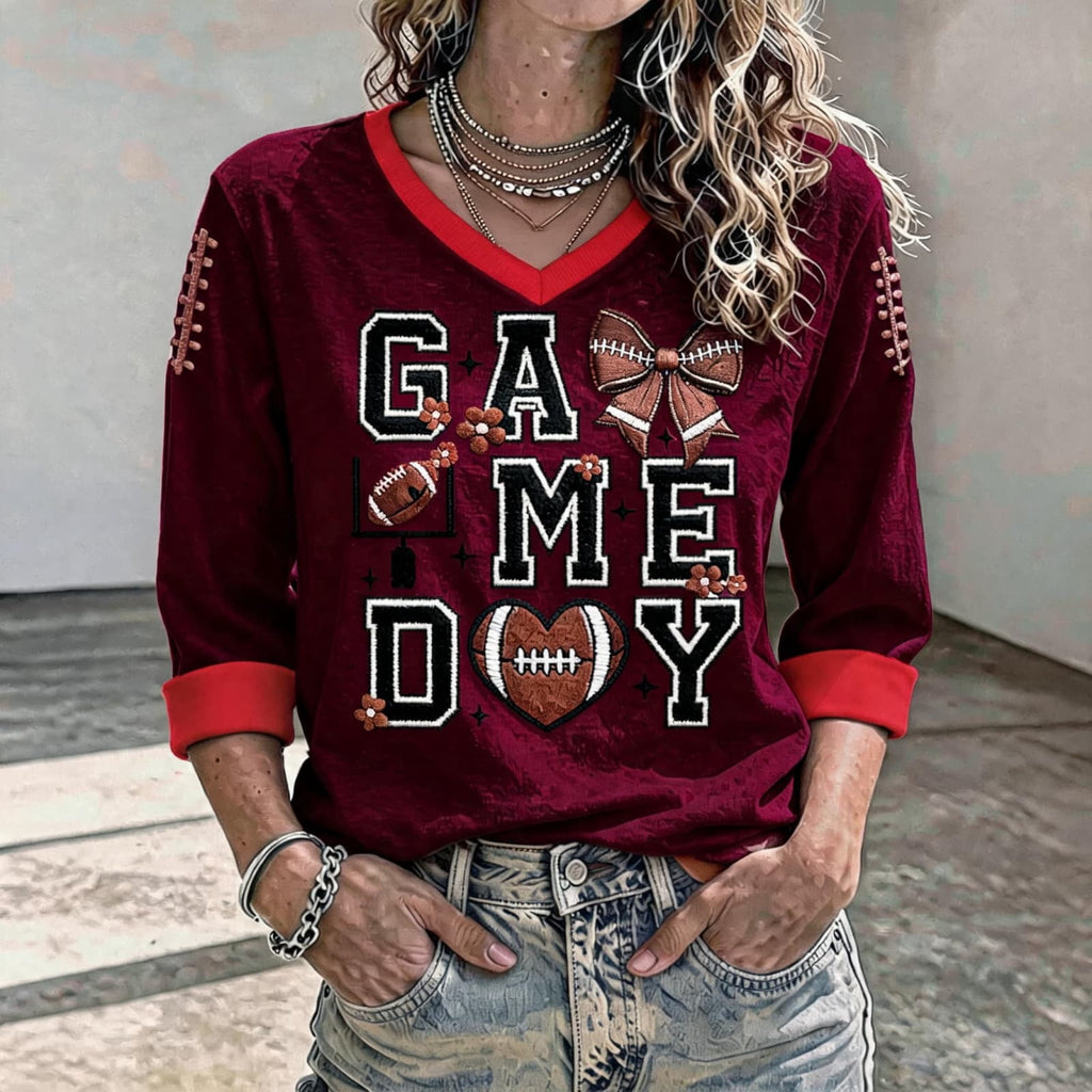 Football 3/4 Sleeve Shirts for Women Gameday Shirt Game Day Jersey V Neck