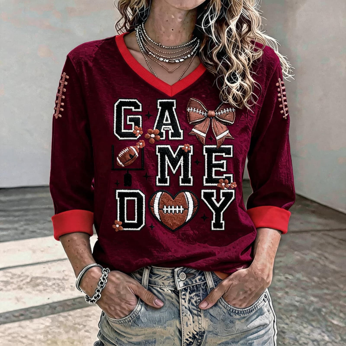 Football 3/4 Sleeve Shirts for Women Gameday Shirt Game Day Jersey V Neck
