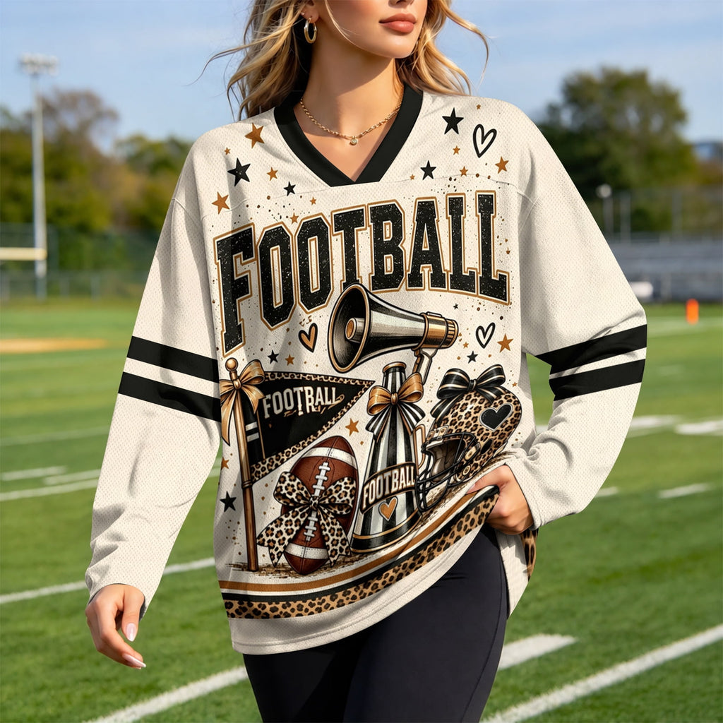 Football Shirts for Women Long Sleeve V Neck Vintage Game Day Graphic Sports Mesh Jersey Beige XL