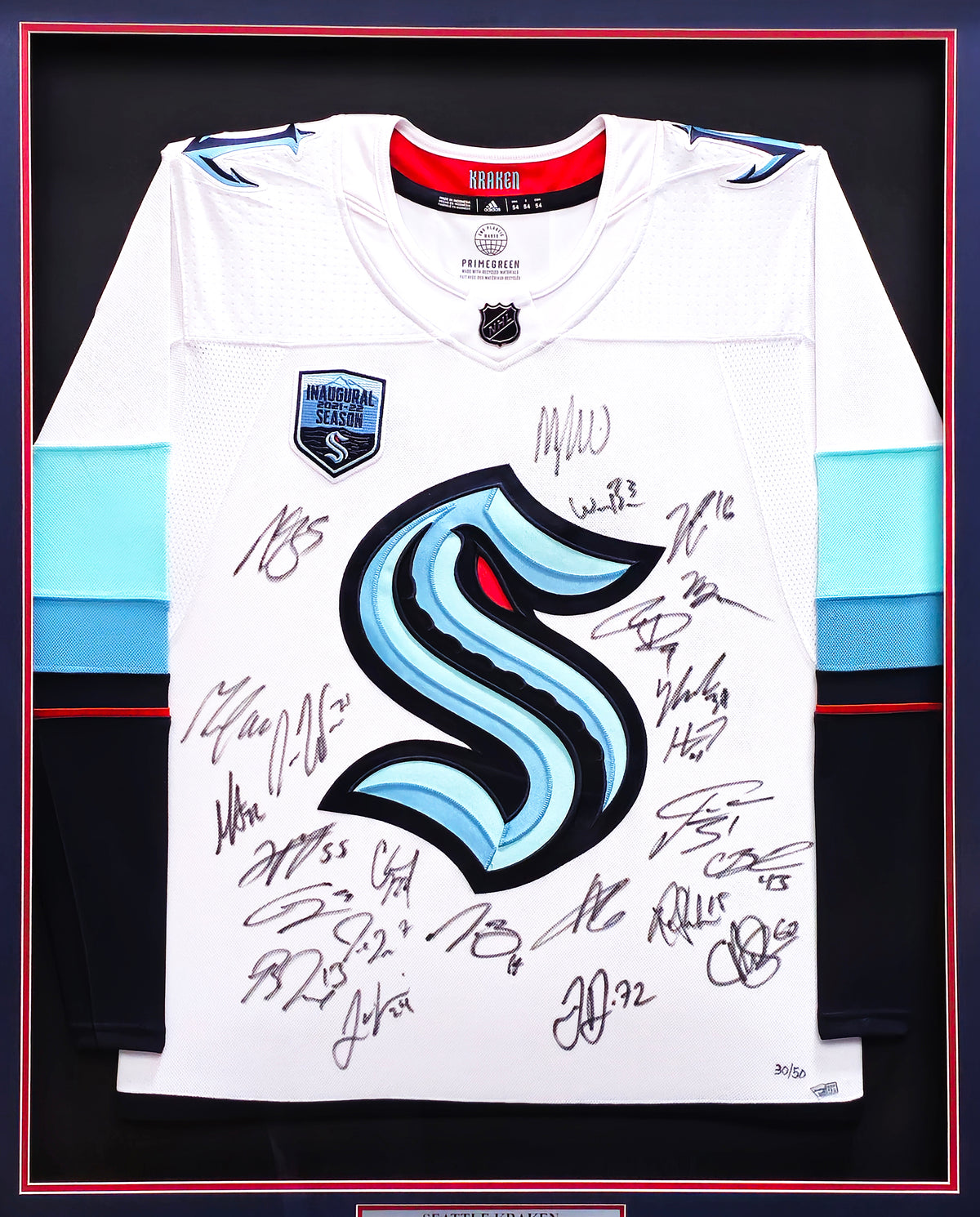 Seattle Kraken 2021-22 Inaugural Season Team Signed Autographed Framed White Adidas Jersey With 24 Signatures Including Jordan Eberle & Jared McCann Fanatics Holo 223780