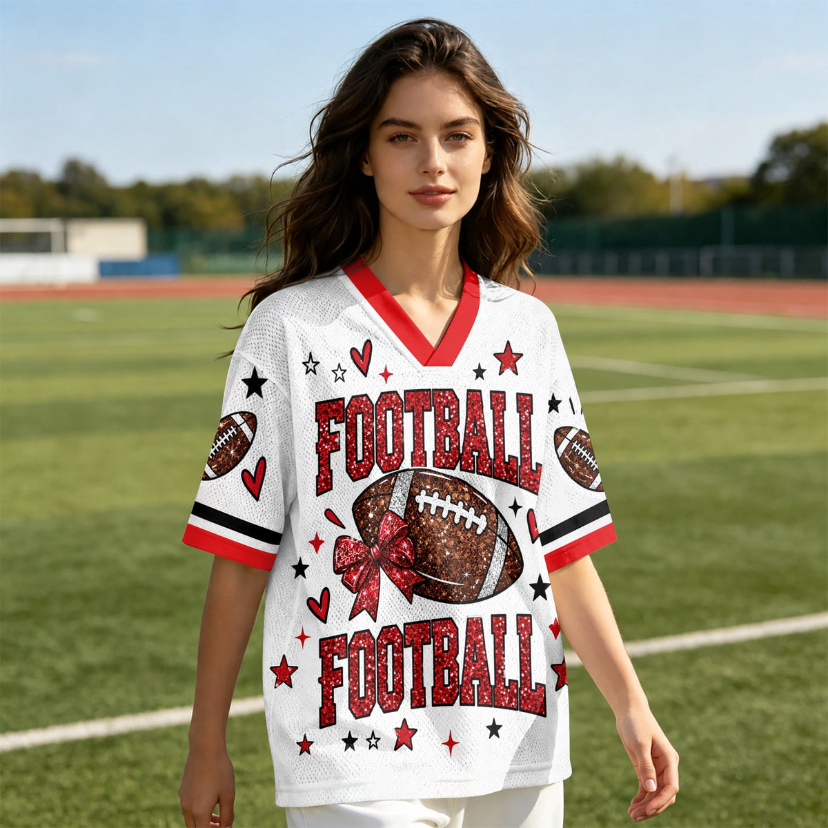 BFRGSIJ Women's Football Game Day Mesh Jersey V Neck Short Sleeve Top Leopard Bow Football Graphic Casual Sport Shirt for Game Day XL