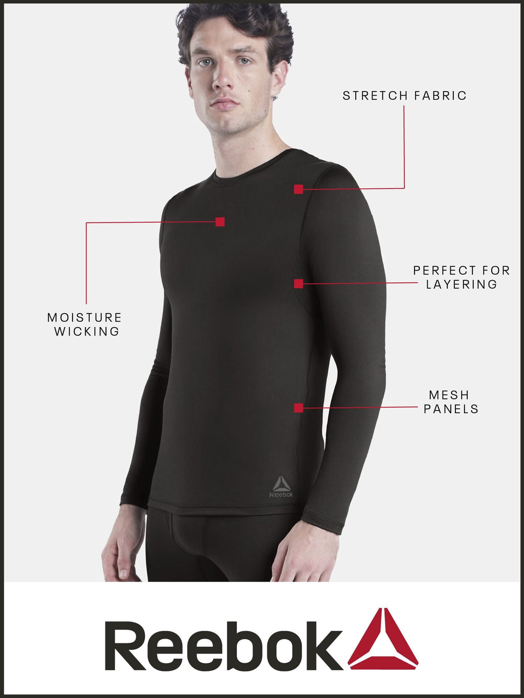 Reebok Men’s Sport Soft Plus Long Sleeve Base Layer Top, Stretch Performance Jersey with Moisture Wicking, 1 Pack, Sizes S - 2XL