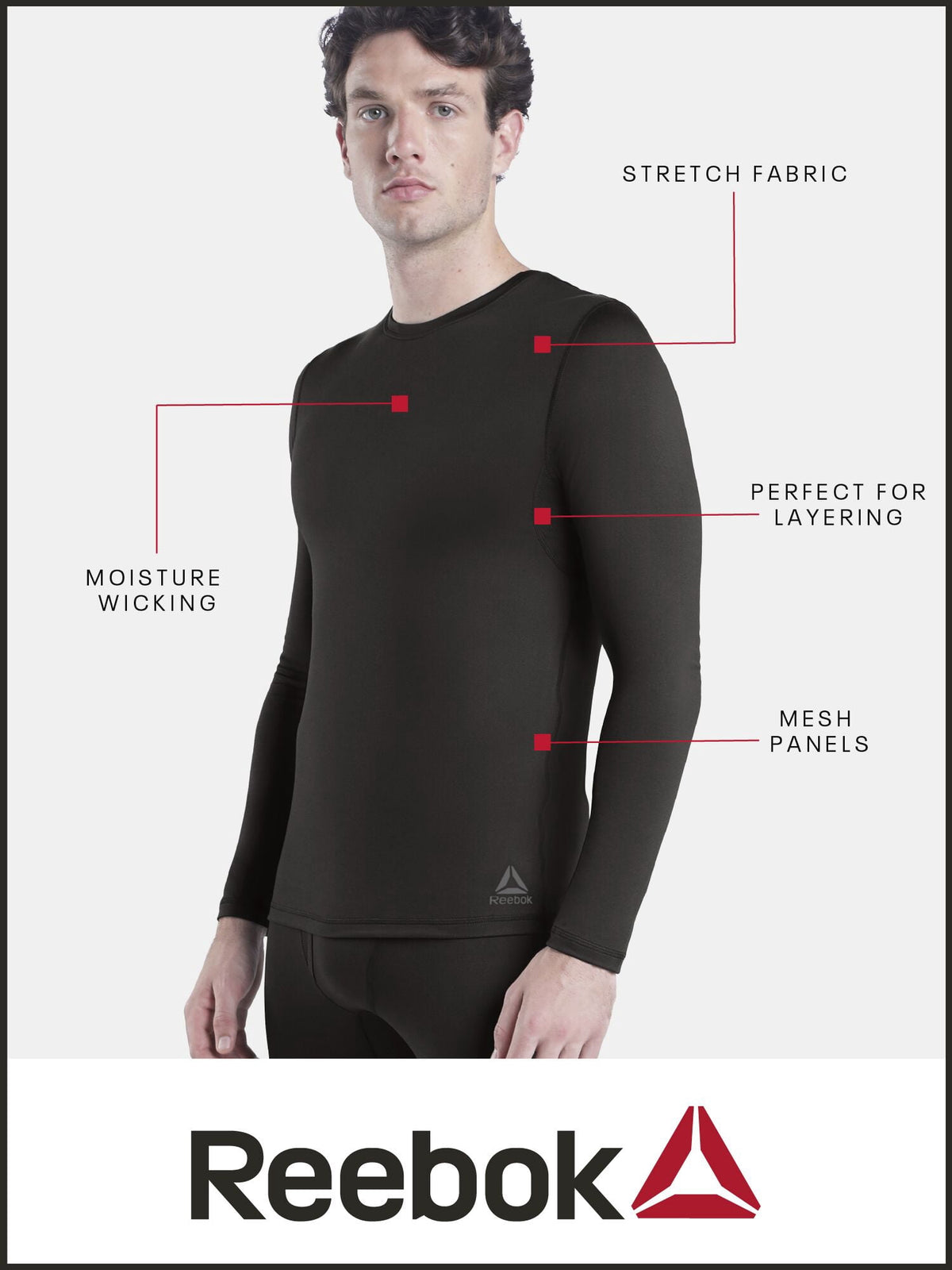 Reebok Men’s Sport Soft Plus Long Sleeve Base Layer Top, Stretch Performance Jersey with Moisture Wicking, 1 Pack, Sizes S - 2XL