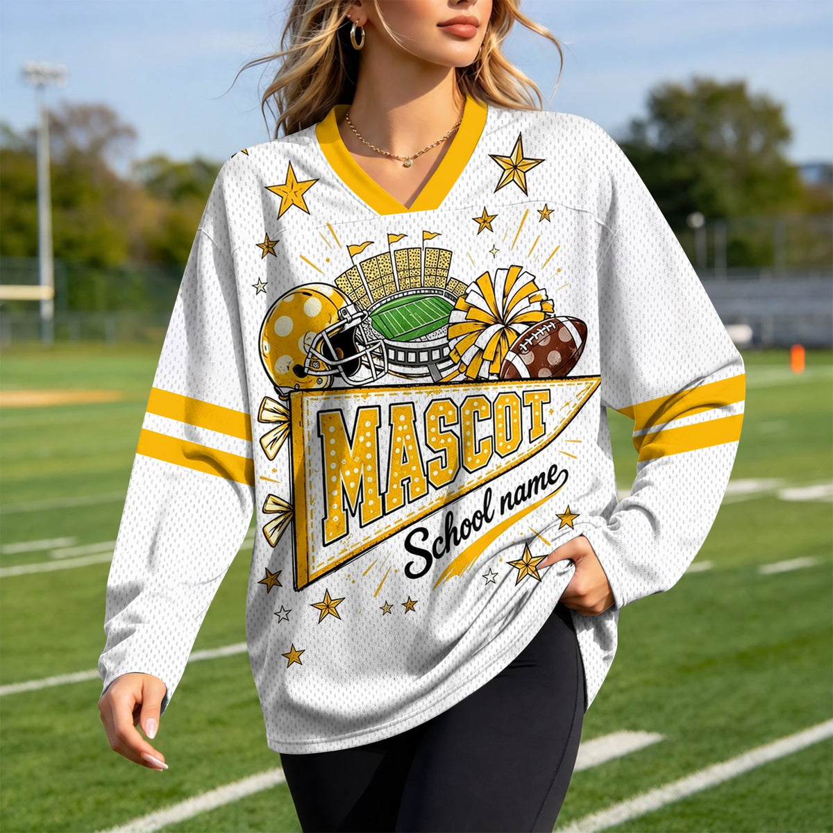 Football Shirts for Women Long Sleeve V Neck Vintage Game Day Graphic Sports Mesh Jersey Beige XL